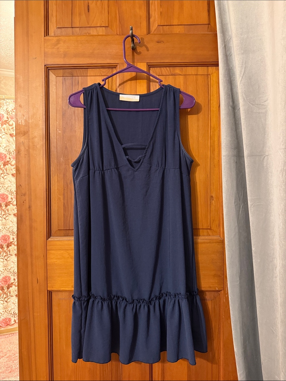 Sleeveless Navy V-Neck Ruffle-Hem Dress